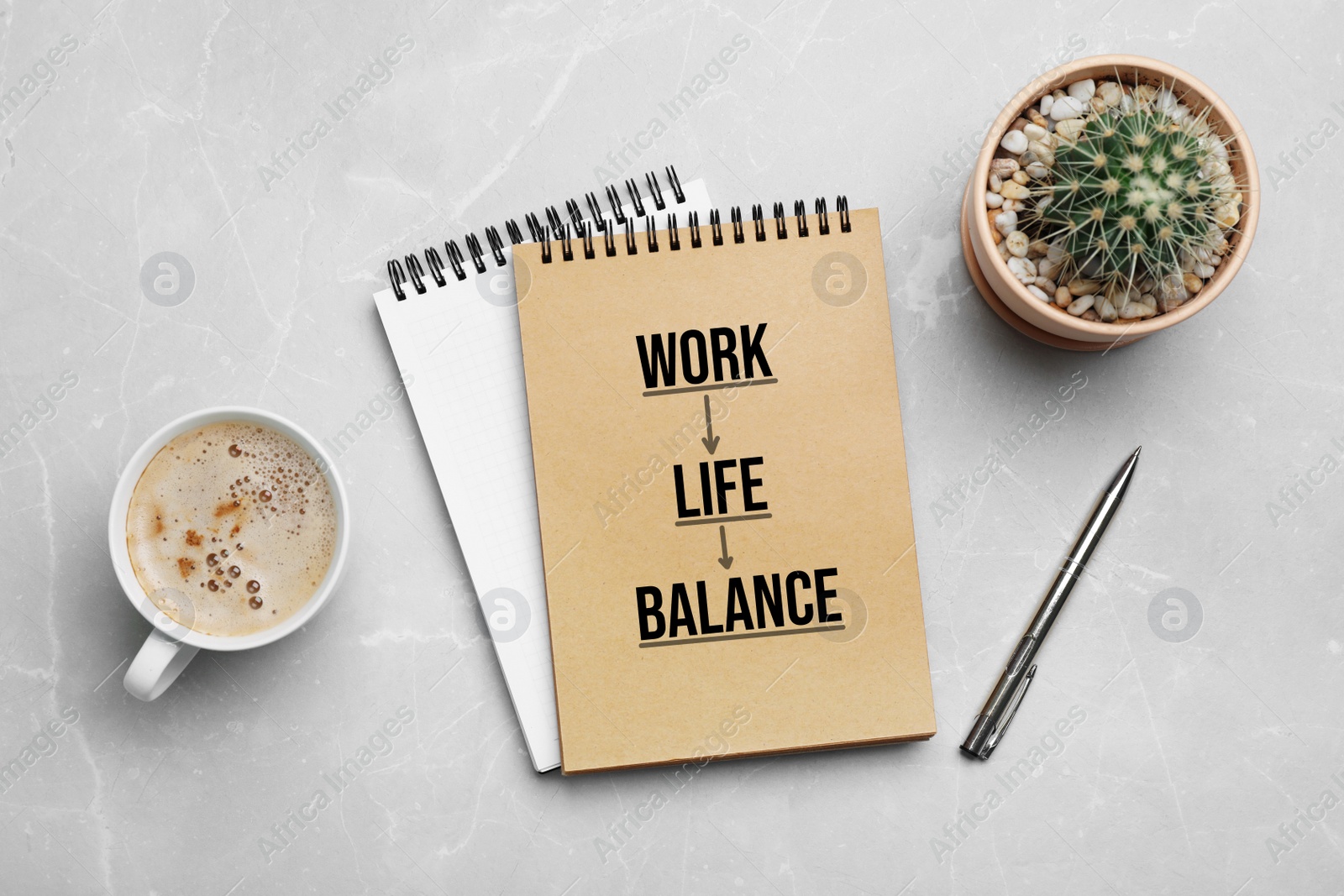 Image of Work-life balance concept. Flat lay composition with notebooks and cup of coffee on grey background