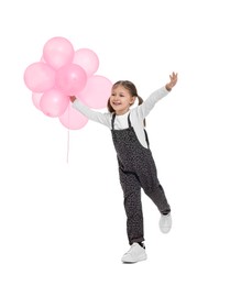 Cute girl with pink balloons on white background