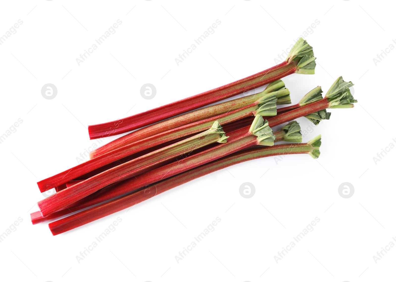 Photo of Fresh rhubarb stalks isolated on white, top view