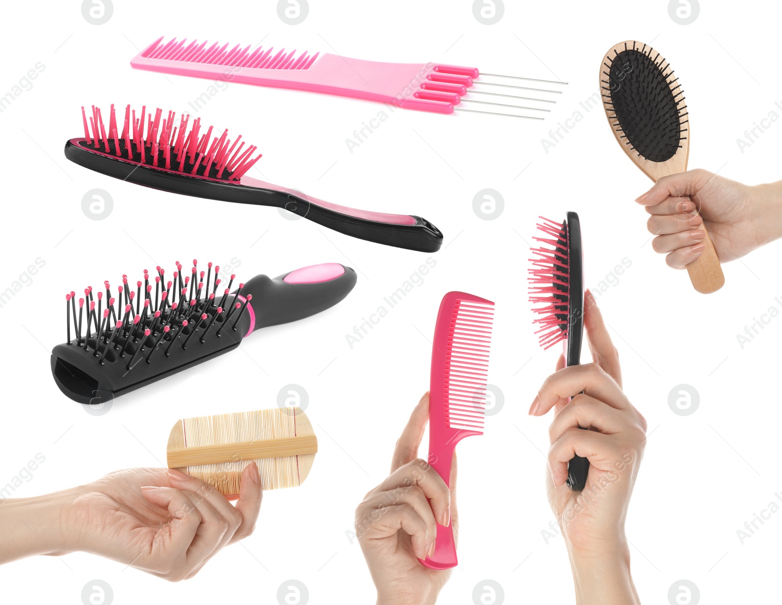 Image of Set with photos of people holding different hair brushes on white background, closeup 