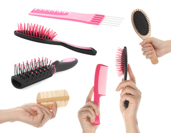 Image of Set with photos of people holding different hair brushes on white background, closeup 