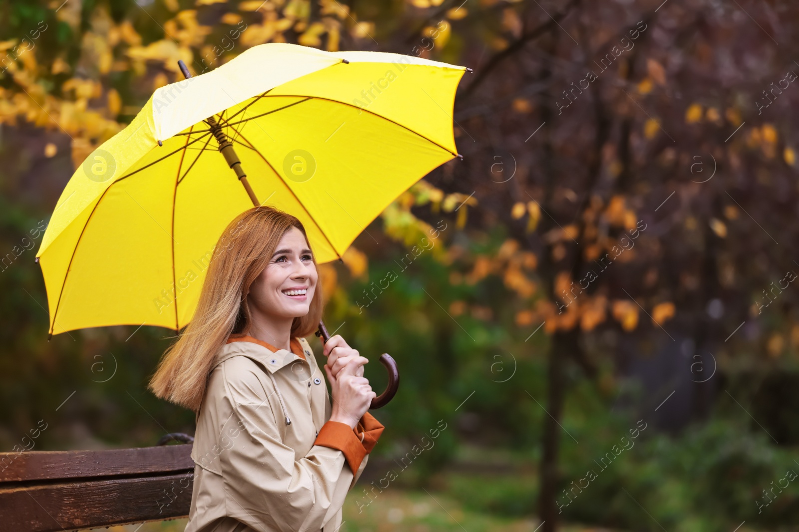 Photo of Woman with umbrella sitting on bench in autumn park. Rainy day