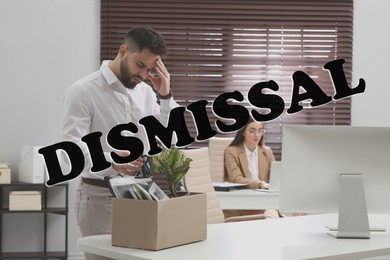 Dismissed man packing personal stuff into box in office