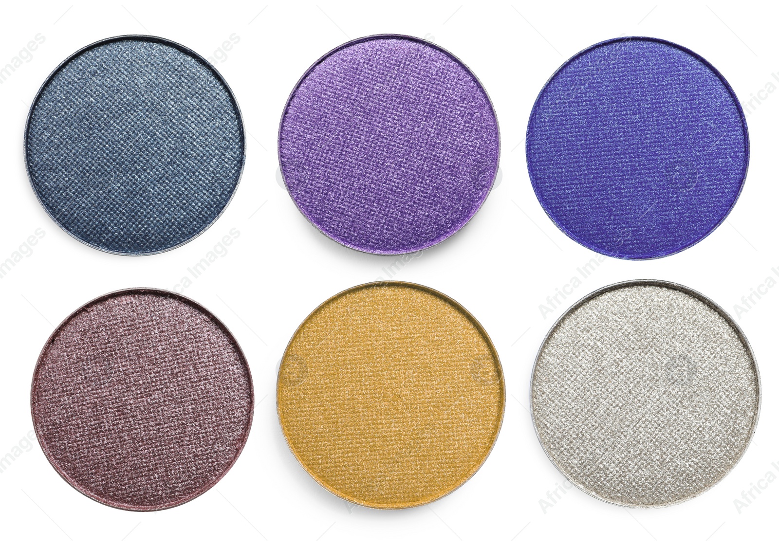 Image of Collage of beautiful different eye shadow refill pans on white background