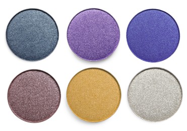 Image of Collage of beautiful different eye shadow refill pans on white background