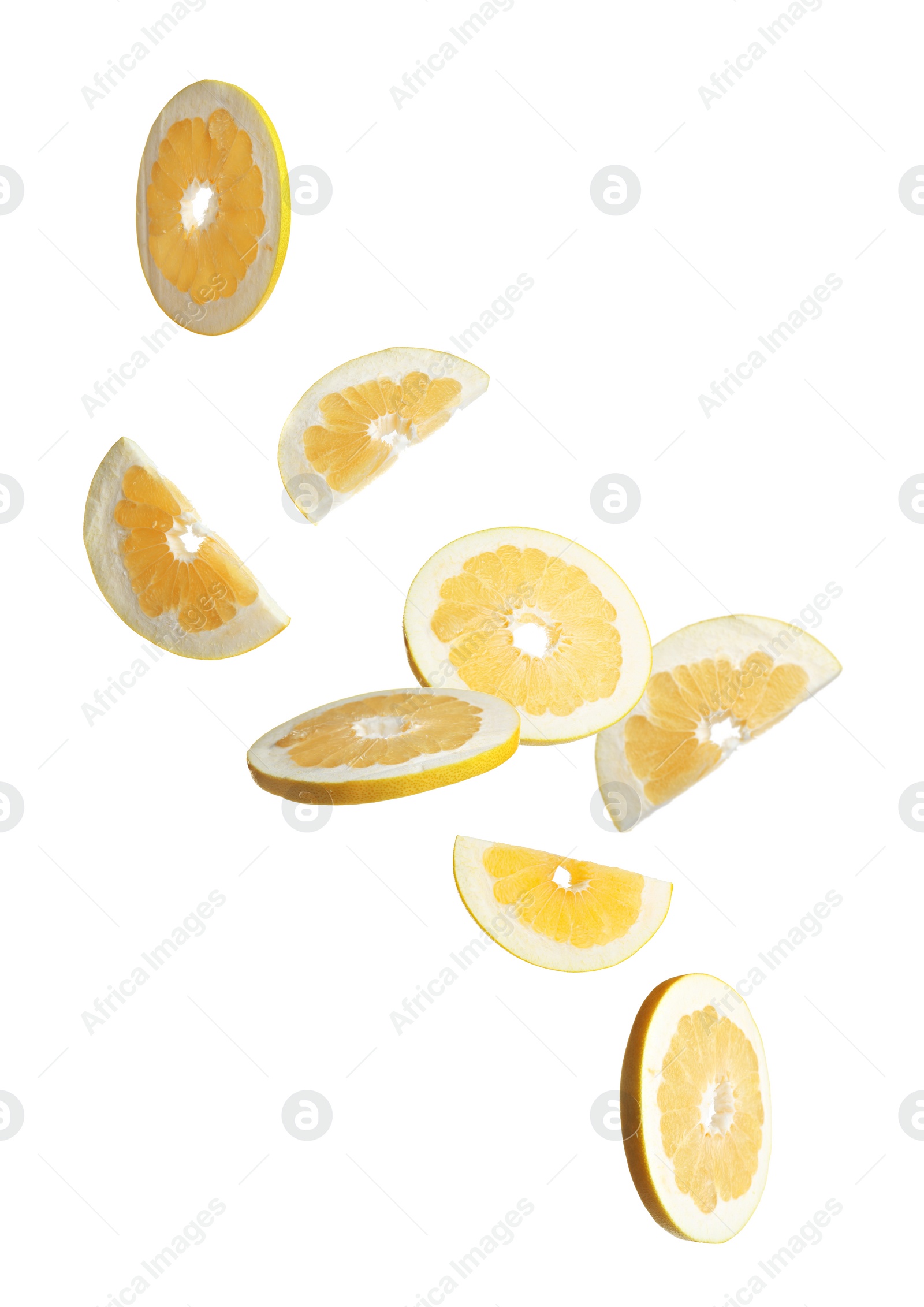 Image of Fresh pomelo fruit slices falling on white background