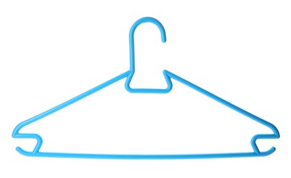 Photo of Empty plastic hanger isolated on white. Wardrobe accessory