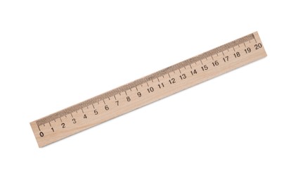 Photo of Wooden ruler with measuring length markings in centimeters isolated on white, top view