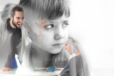 Image of Double exposure of sad little girl and her arguing parents