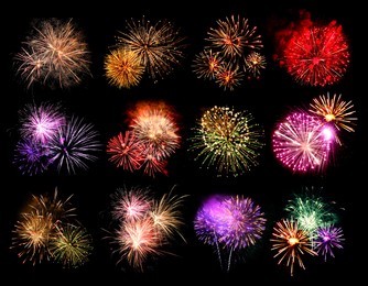 Image of Beautiful bright fireworks on black background, collage 