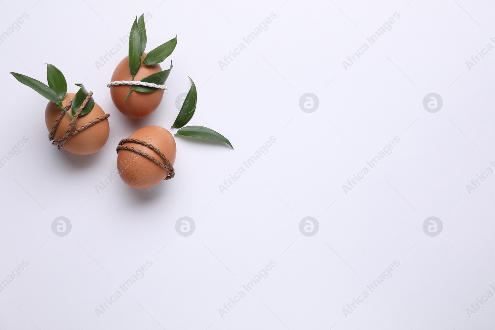 Photo of Easter eggs decorated with green leaves on white background, flat lay. Space for text