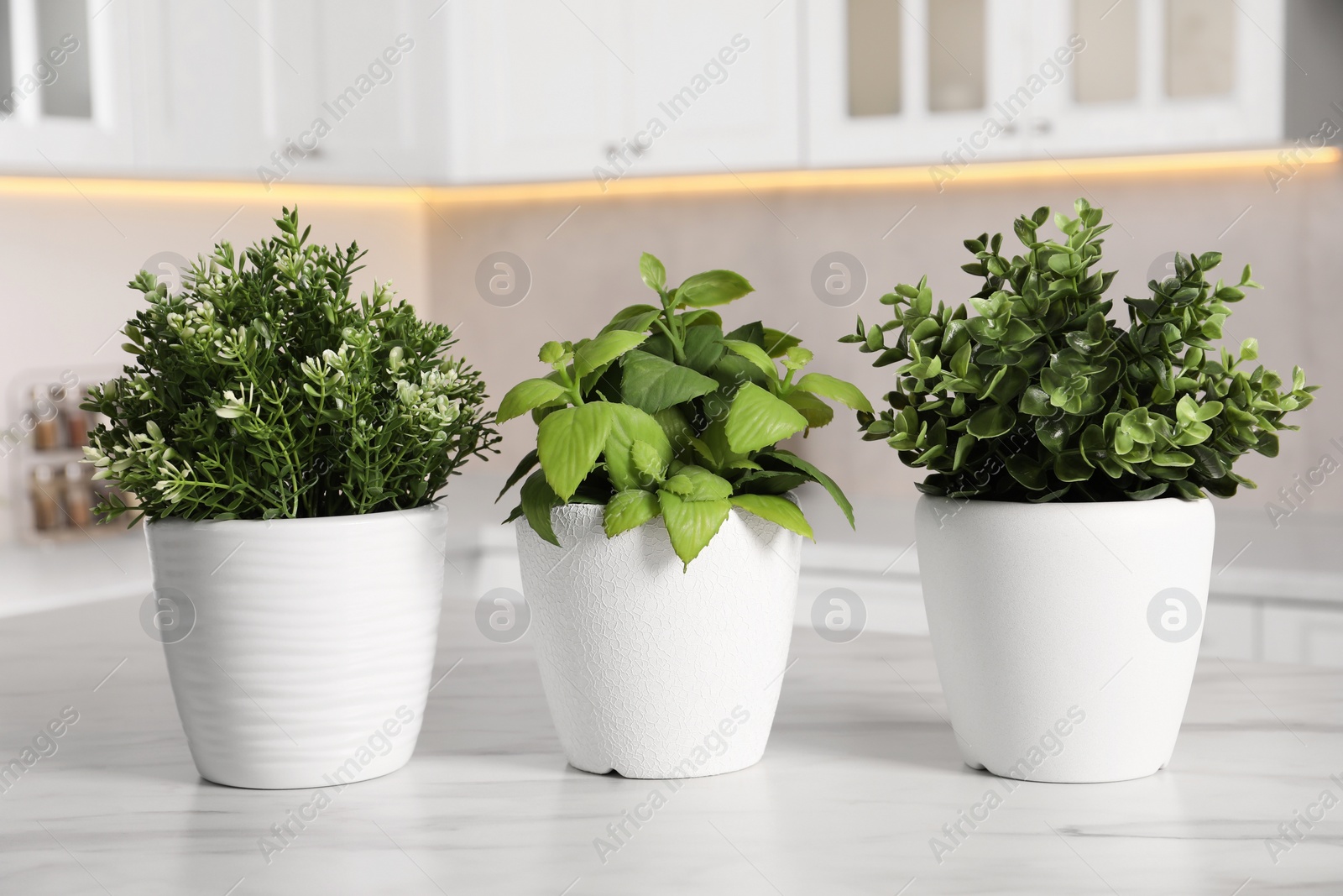 Photo of Artificial potted herbs on white marble table in kitchen. Home decor