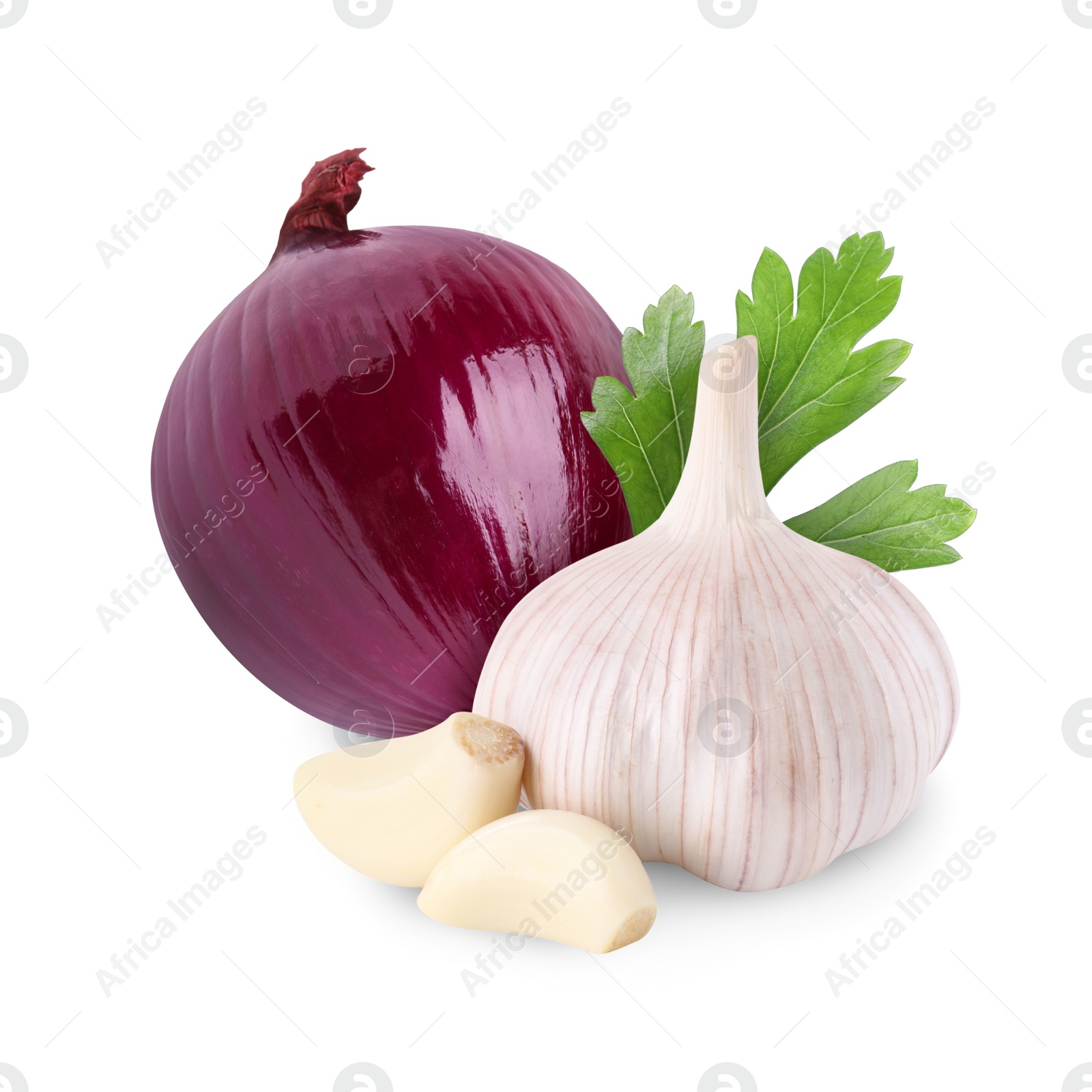 Image of Garlic, red onion and parsley isolated on white