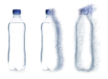 Image of Bottle of water vanishing on white background, set. Plastic decomposition