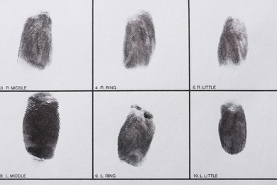 Photo of Police form with fingerprints, top view. Forensic examination