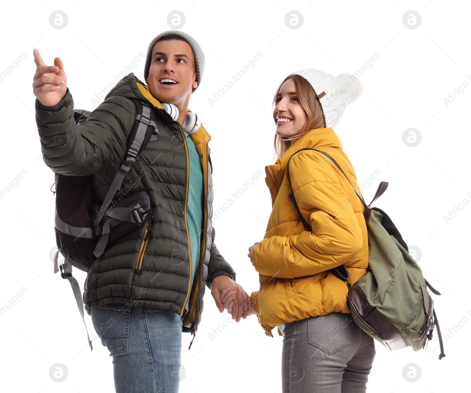 Photo of Couple with backpacks on white background. Winter travel