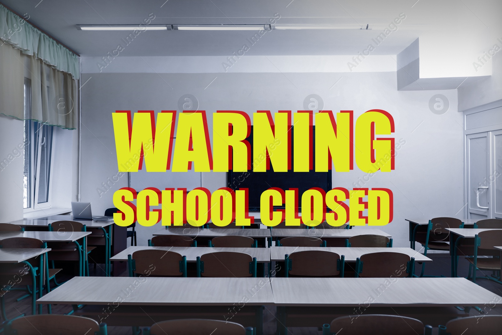 Image of View of empty classroom and text WARNING SCHOOL CLOSED. Quarantine during coronavirus outbreak