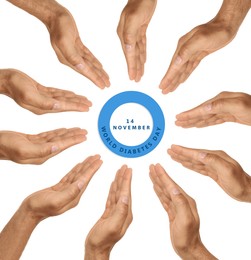 Image of Blue circle as World Diabetes Day symbol surrounded by men against white background, closeup of hands