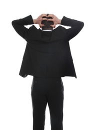 Businessman in suit on white background, back view