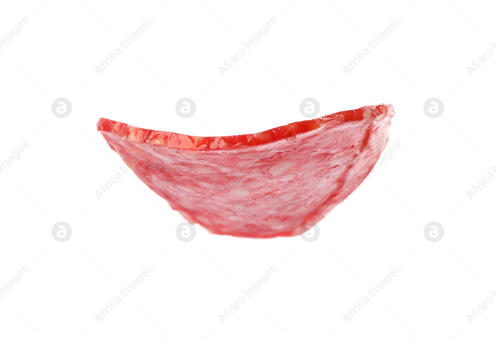 Photo of Cut fresh tasty sausage on white background