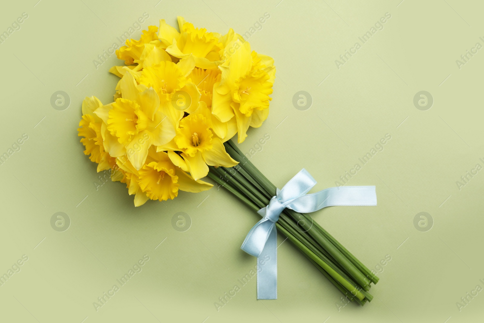 Photo of Beautiful daffodil bouquet on light green background, top view