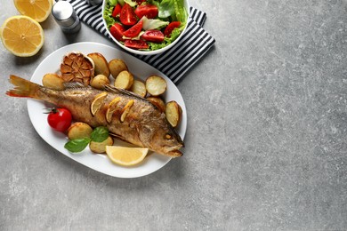Photo of Tasty homemade roasted perch on grey table, flat lay with space for text. River fish