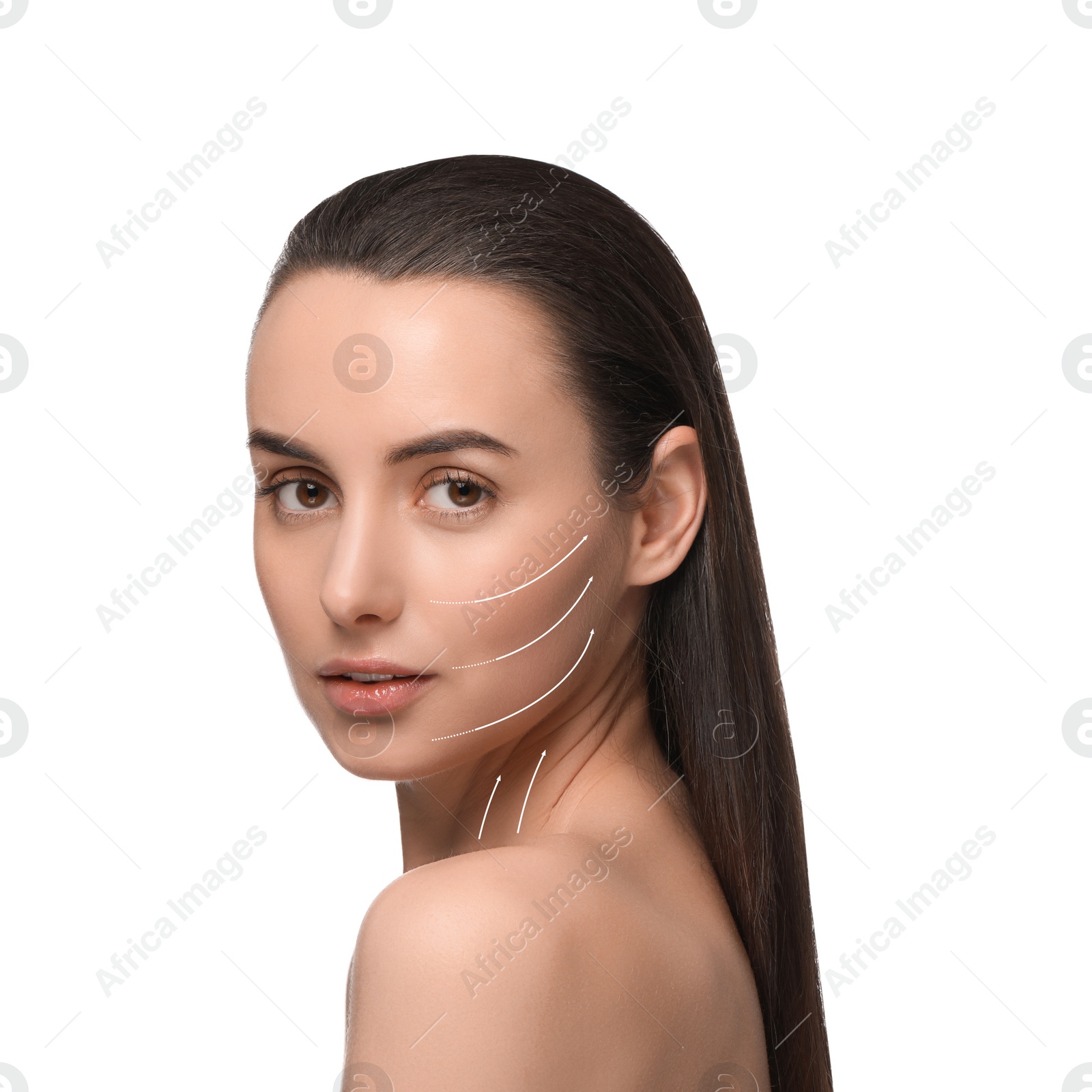 Image of Attractive woman with perfect skin after cosmetic treatment on white background. Lifting arrows on her face