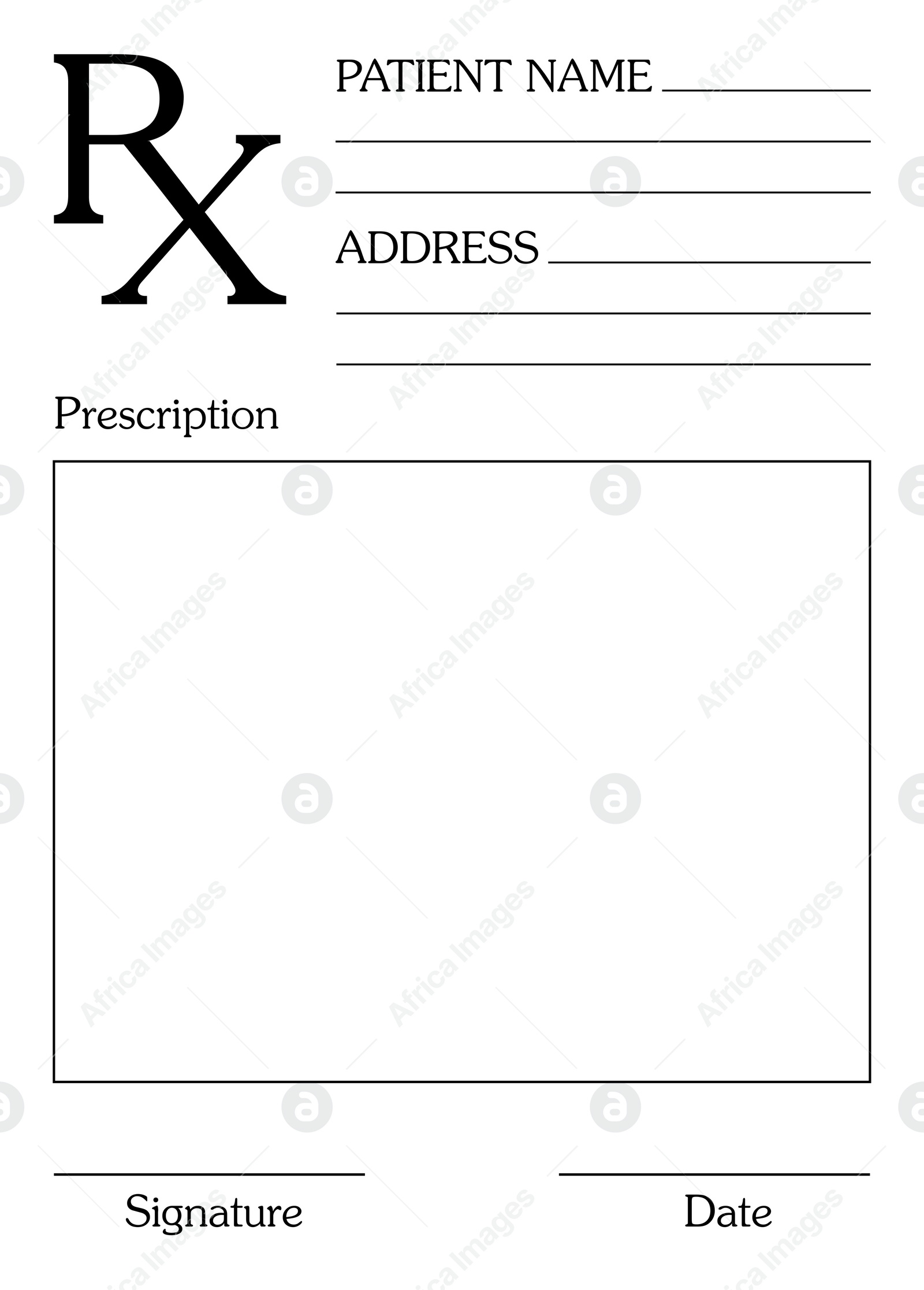 Illustration of Medical prescription form with empty fields (Patient Name, Address, Signature and Date)