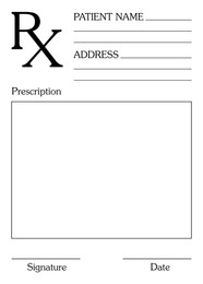 Medical prescription form with empty fields (Patient Name, Address, Signature and Date)