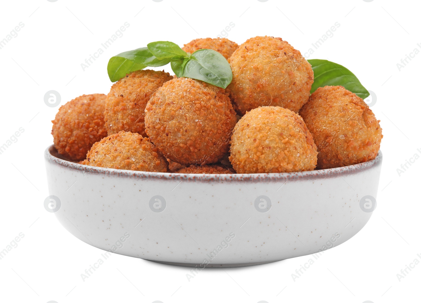 Photo of Bowl with delicious fried tofu balls and basil on white background