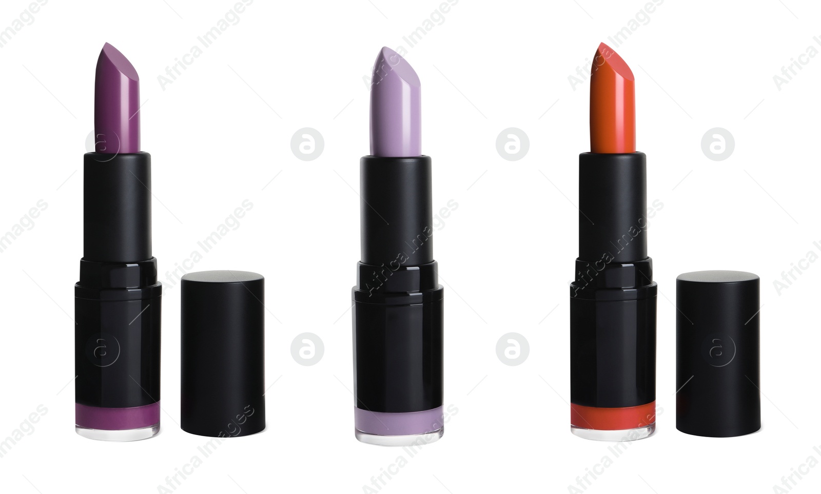 Image of Set with different beautiful lipsticks on white background