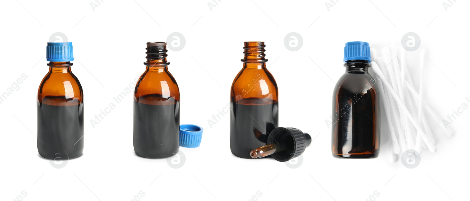 Image of Set with bottles of medical iodine on white background. Banner design 