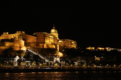 BUDAPEST, HUNGARY - APRIL 27, 2019: Beautiful night cityscape with illuminated Buda Castle