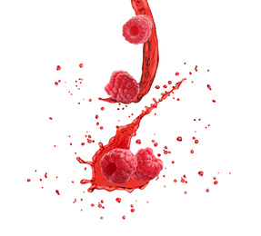 Delicious ripe raspberries and splashes of juice on white background