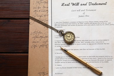 Photo of Last Will and Testament with pocket watch and pen on wooden table, top view