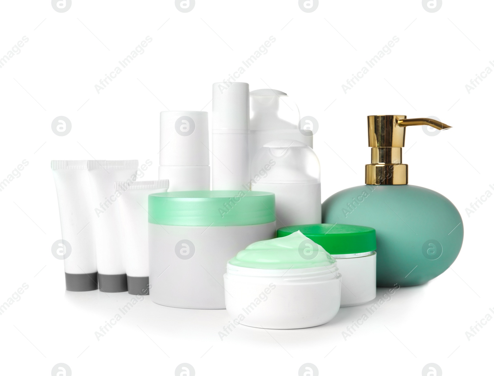 Photo of Different body care products on white background