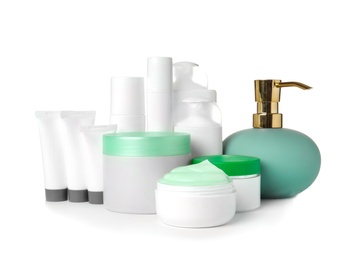 Photo of Different body care products on white background