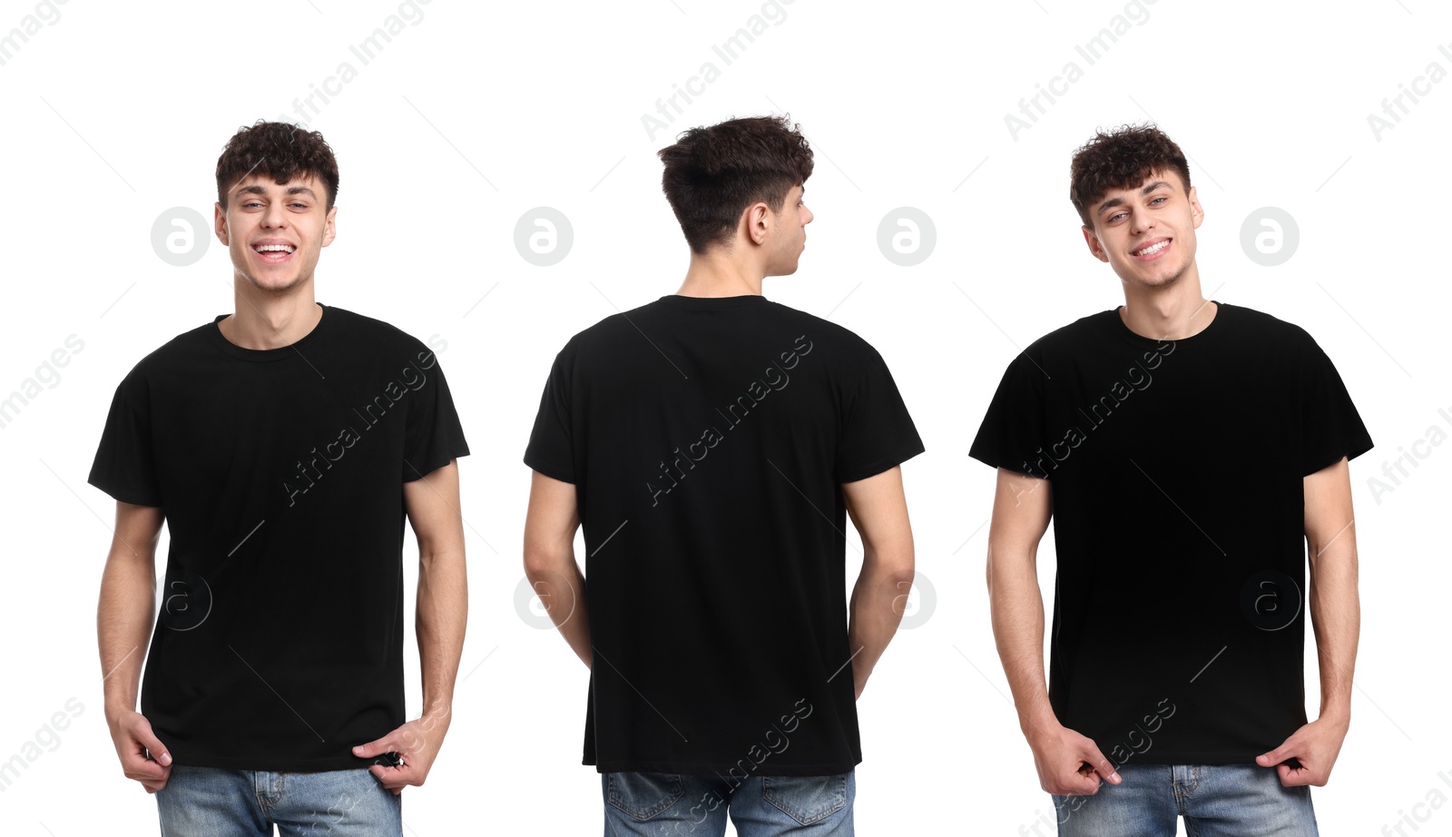 Image of Collage with photos of man in black t-shirt on white background, back and front views. Mockup for design
