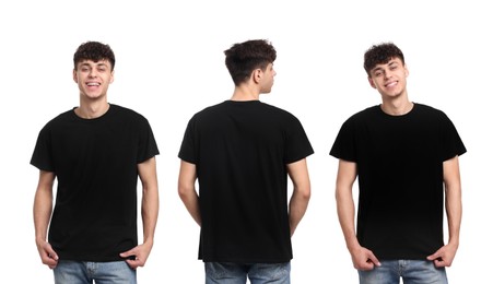 Collage with photos of man in black t-shirt on white background, back and front views. Mockup for design
