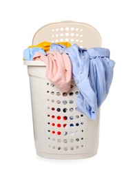 Photo of Plastic laundry basket full of clothes isolated on white