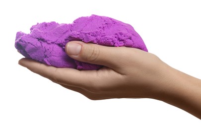 Photo of Woman playing with kinetic sand on white background, closeup