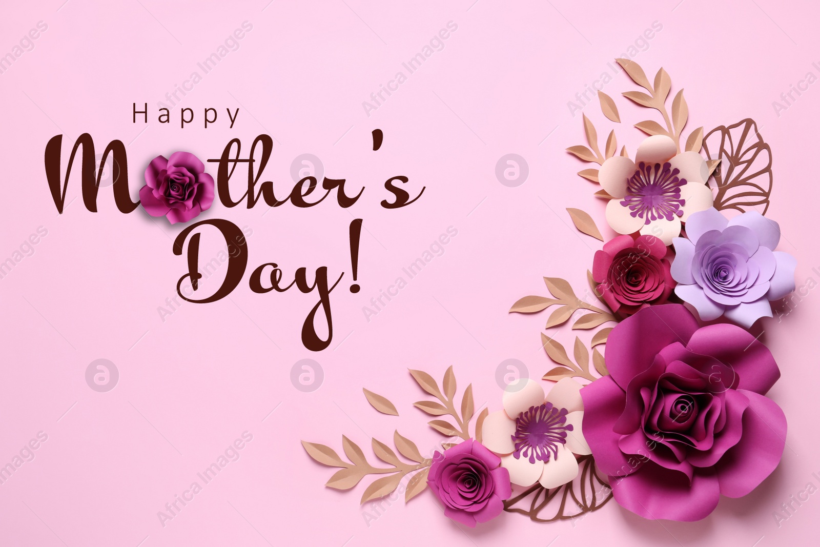 Image of Happy Mother's Day. Different beautiful flowers and branches made of paper on pink background, flat lay 