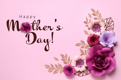 Image of Happy Mother's Day. Different beautiful flowers and branches made of paper on pink background, flat lay 