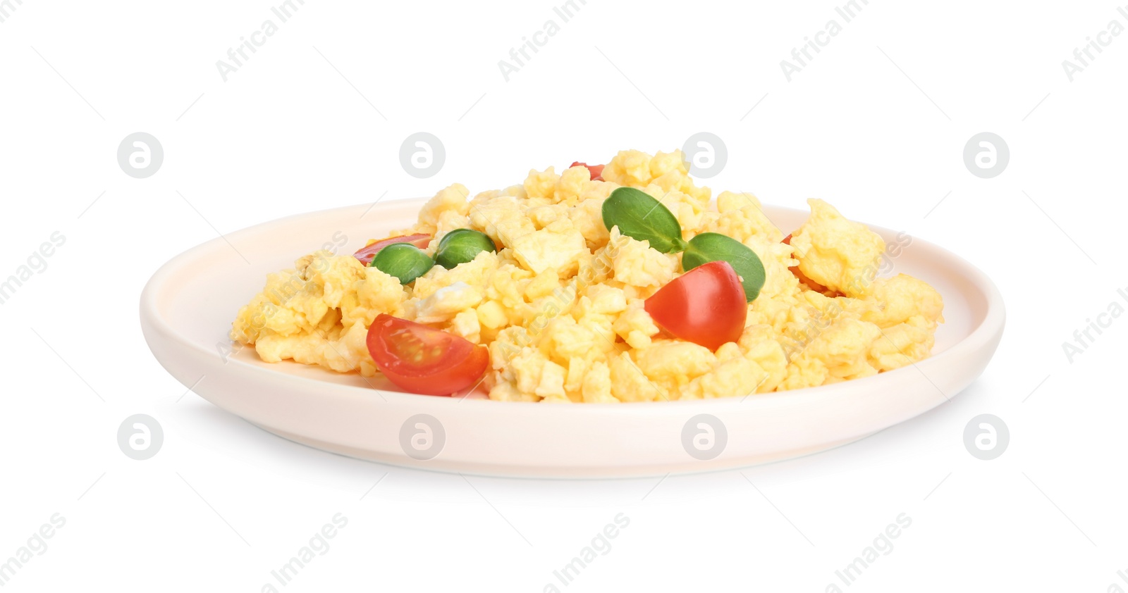 Photo of Tasty scrambled eggs with sprouts and cherry tomato isolated on white