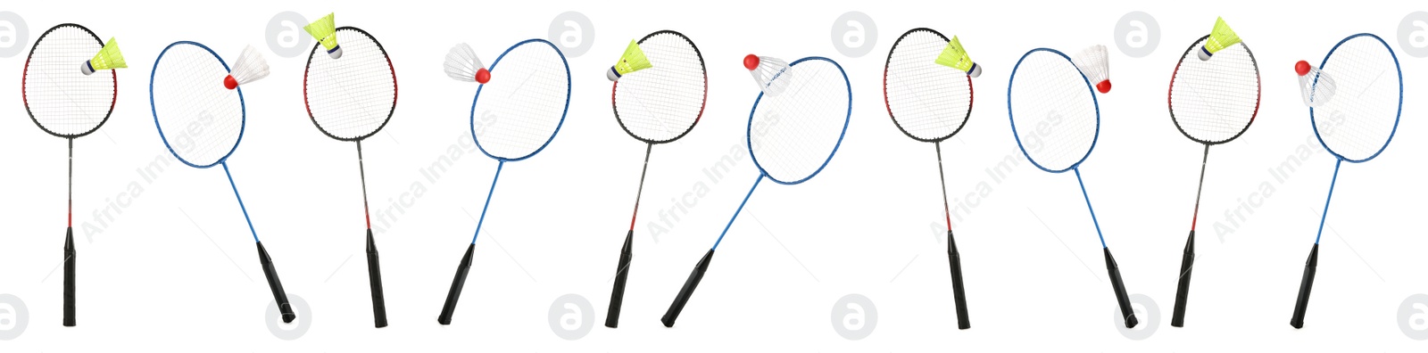 Image of Set with badminton rackets and shuttlecocks on white background. Banner design