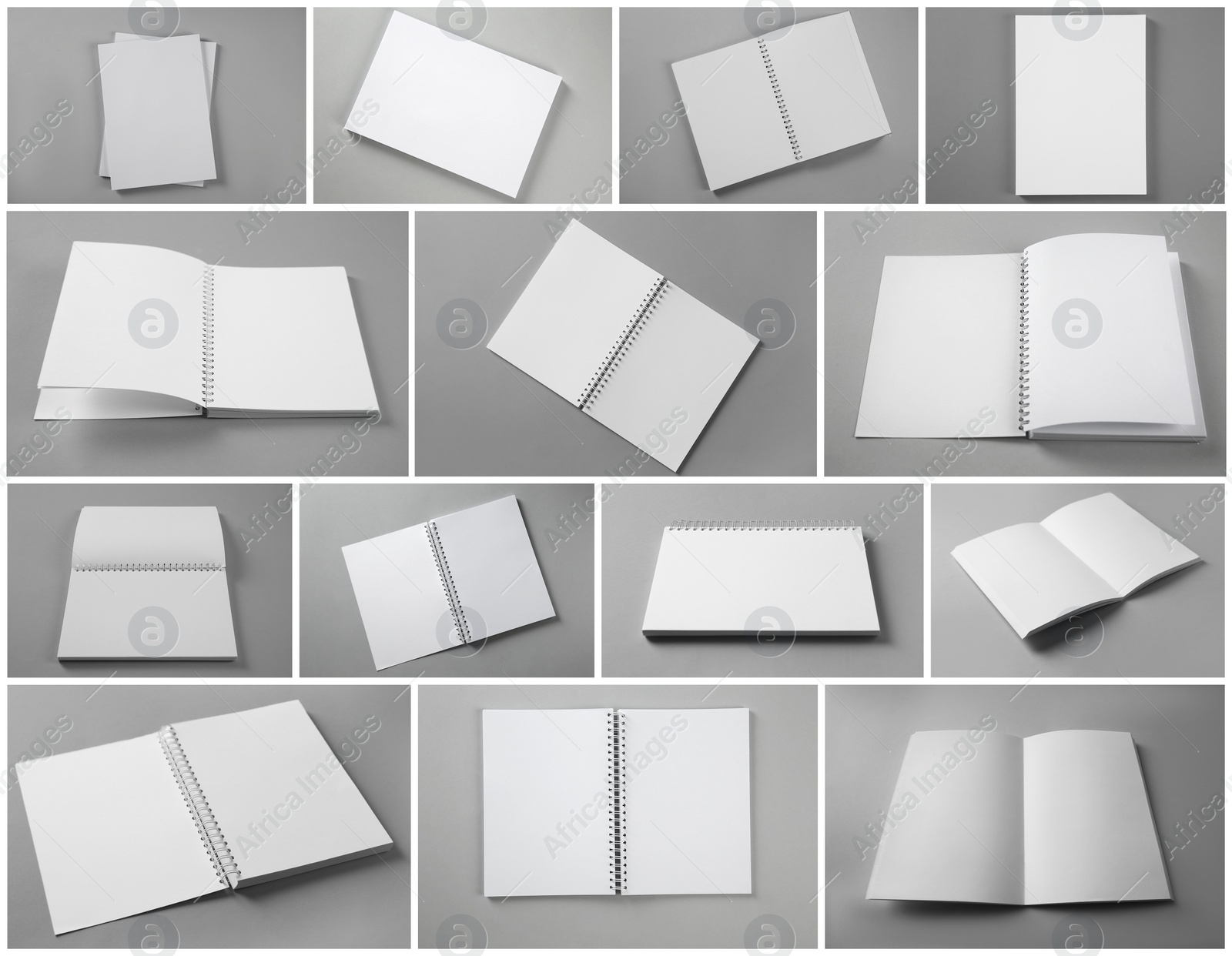 Image of Open blank brochures on grey background, collage