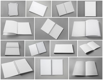 Image of Open blank brochures on grey background, collage