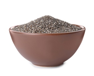 Photo of Bowl with chia seeds isolated on white