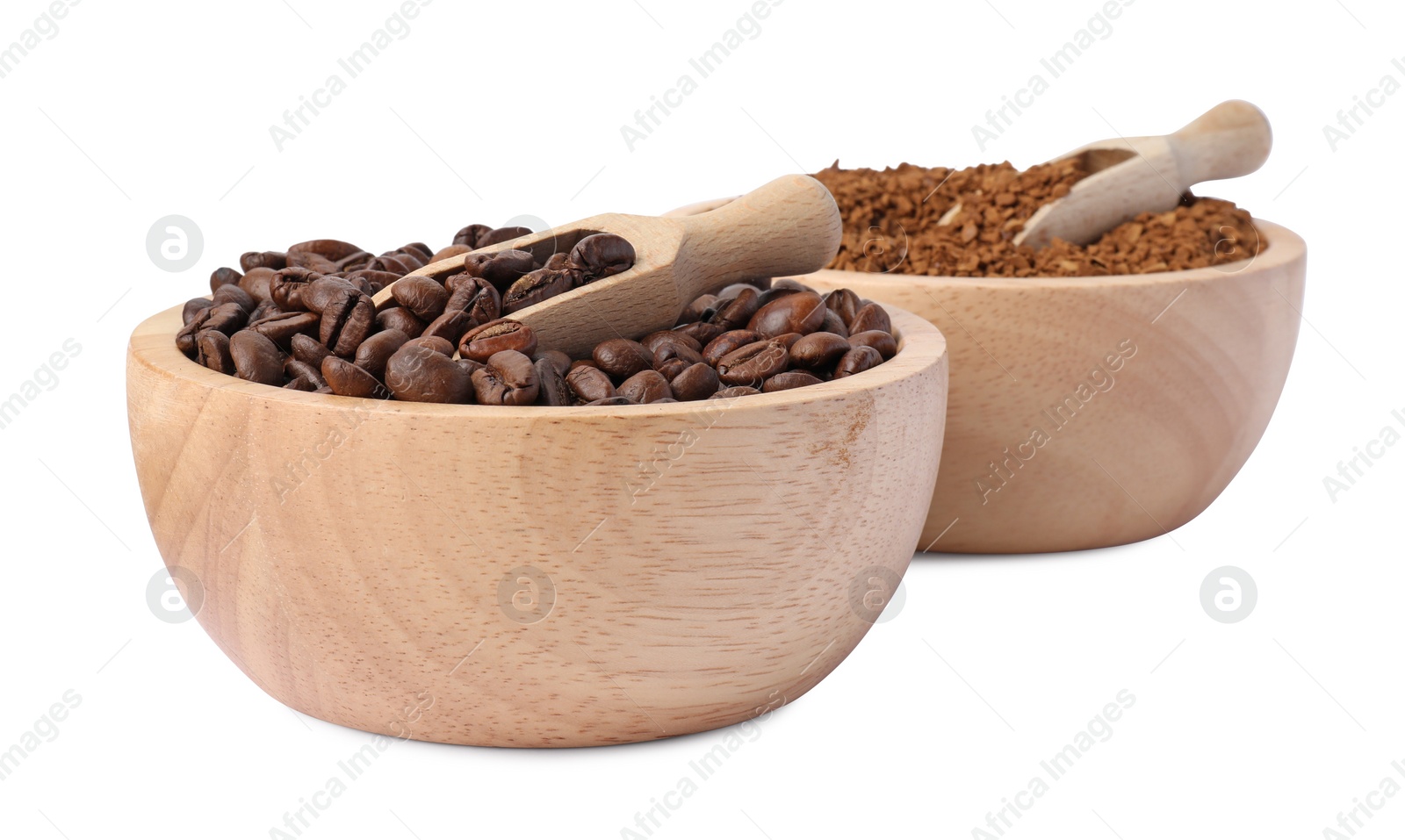 Photo of Bowls with instant coffee and roasted beans on white background