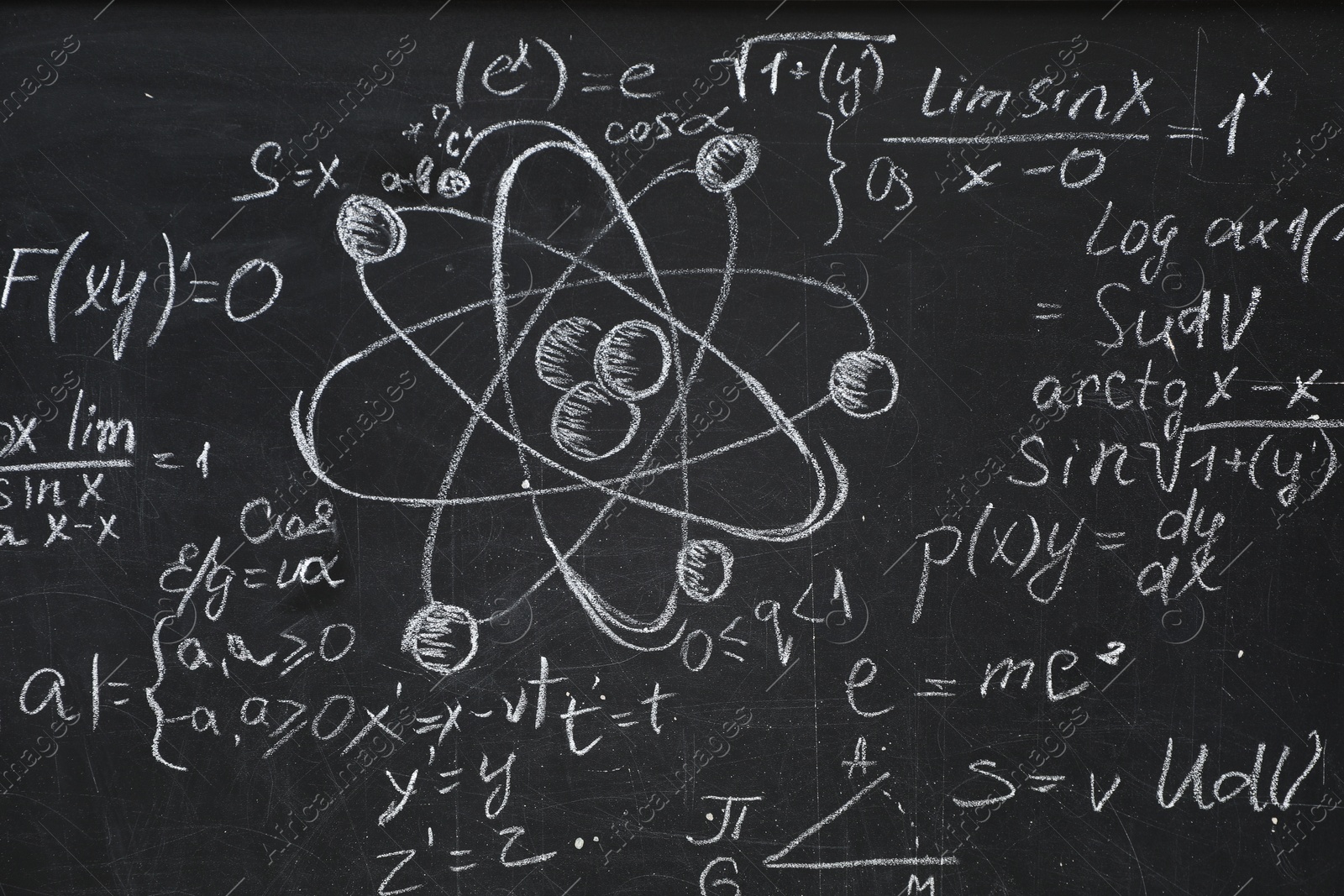 Photo of Many different physical formulas written with chalk on blackboard